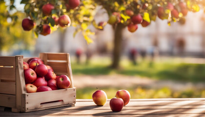 Wooden crate of red apples on. Red fruits harvest. Sunny background