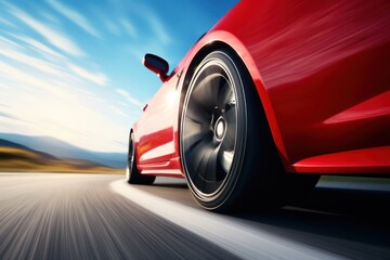  a close up of a red sports car driving on a road with a blue sky and clouds in the background.