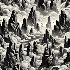 Wallpaper Illustration Art in Black & White of Rocks Cliff surrounded by Clouds flow Waves and Birds like Pencil Sketch Tile for Present Gift Wrap or Interior Design Wall or Backdrop Detail