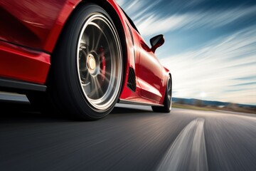  a close up of a red sports car driving on a road with a blurry image of the rear end of the car.