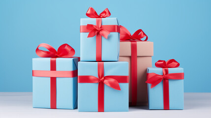 Fototapeta premium Valentine's Day background. Gift box on pastel blue background. Valentines day concept. Flat lay, top view, copy space