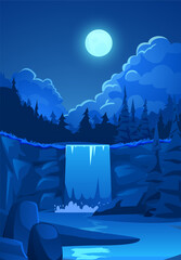 Night landscape with waterfall in the forest, flat vector illustration.