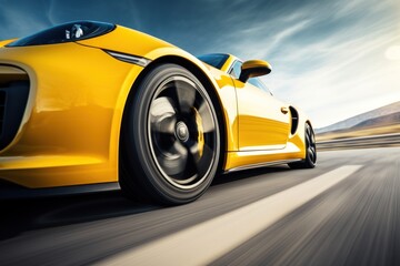  a close up of a yellow sports car driving on a road with a blue sky and clouds in the background. - obrazy, fototapety, plakaty