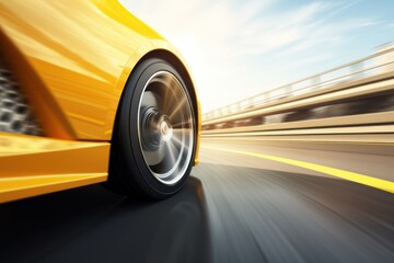  a close up of a car's wheels on a road with a blurry image of a bridge in the background.