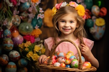 Fototapeta na wymiar a little girl holding an easter basket filled with easter eggs.