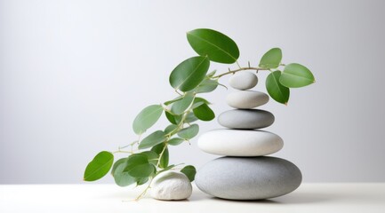 Fototapeta na wymiar a bunch of stones, a green plant, and a white background