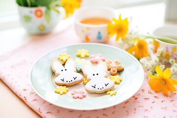 Obraz na płótnie Canvas bunnyshaped cookies on a plate with spring flowers