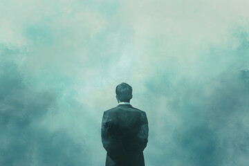 Picture of a man lost in thought, surrounded by a sad mist. Showing the idea of feeling sad and deep in thought.