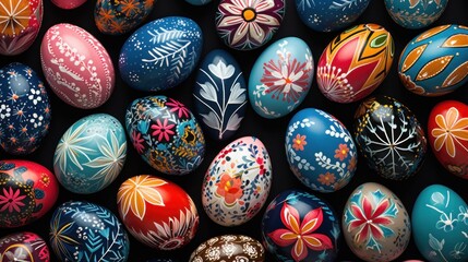 Obraz premium An array of beautifully decorated eggs, forming a vibrant and eye-catching backdrop for festive advertising.