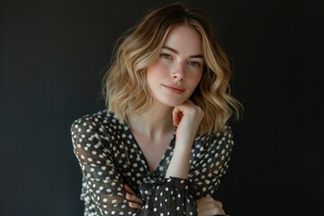 actress in polka dot ensemble posing wearing blouse and arm folded.