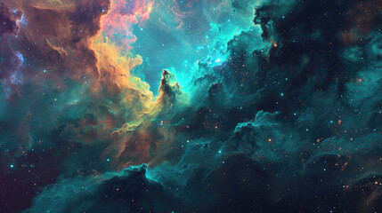 Fototapeta na wymiar Abstract space vista, with ethereal nebulae and glittering distant galaxies