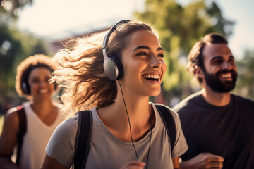 Adult couple at outdoors listening music with headphones
