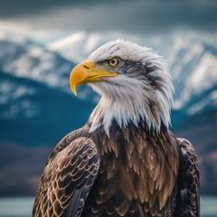 Obraz premium a bald eagle in front of snowy mountains.