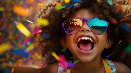 a little girl wearing colored glasses and confetti.