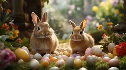 Fototapeta na wymiar Adorable bunnies amid vibrant eggs, providing a whimsical setting for Easter advertising creativity.