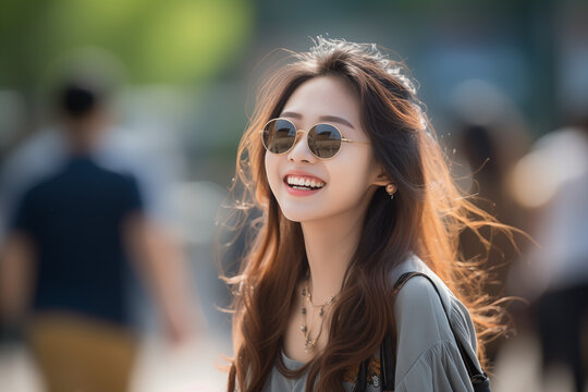 Young pretty Chinese woman at outdoors with sunglasses