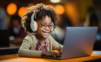 a young child is smiling at a computer writing.