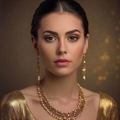 abstract portrait of a beautiful woman in gold and diamonds. Beautiful woman portrait, golden makeup