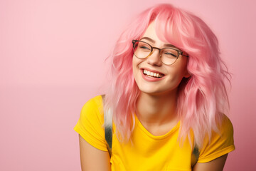 Young pink haired woman over isolated colorful background with glasses