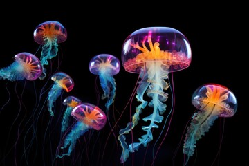  a group of jellyfish swimming in a dark water tank with colorful lights on the bottom of the jellyfish.
