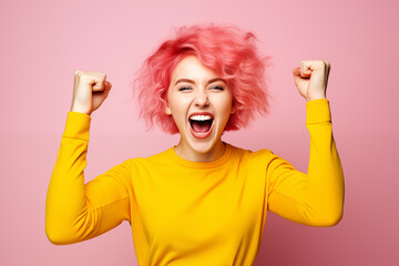 Young pink haired woman over isolated colorful background