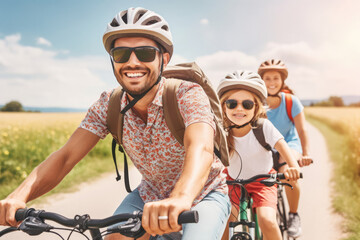 Happy caucasian family with kids traveling together by bicycle a country road. Active lifestyle for adult and children at nature. Hobby for family, activity pursuit