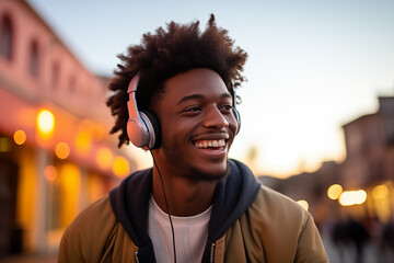 Young African American man listening music with headphones