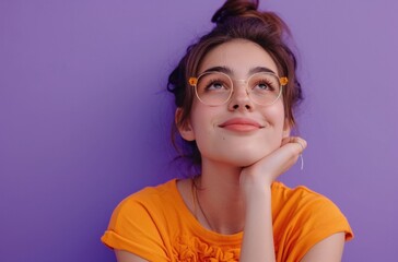 beautiful woman on purple background thinking.