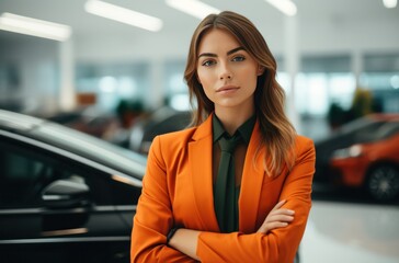 a young women in a car dealer center wearing a suit and smock.