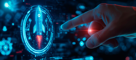 a hand touching a rocket. How to improve web search engine ranking?, in the style of a futuristic spaceship design. online connectivity concept. business positioning. web sector. Red and blue