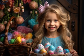 Fototapeta na wymiar a little girl holding an easter basket filled with easter eggs.