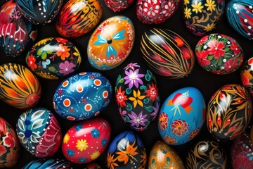 An array of beautifully decorated eggs, forming a vibrant and eye-catching backdrop for festive advertising.