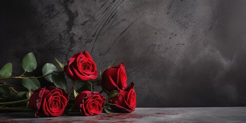 Red roses on a black background are given space for text