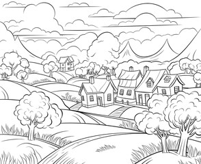 Obraz premium Black and white illustration for coloring natural landscape with house.