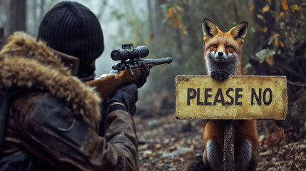 un chasseur en train de viser un renard qui demande de ne pas tirer avec une pancarte - obrazy, fototapety, plakaty