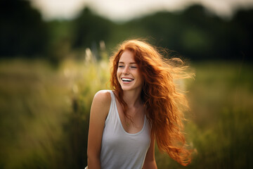 Naklejka premium Young pretty redhead woman at outdoors