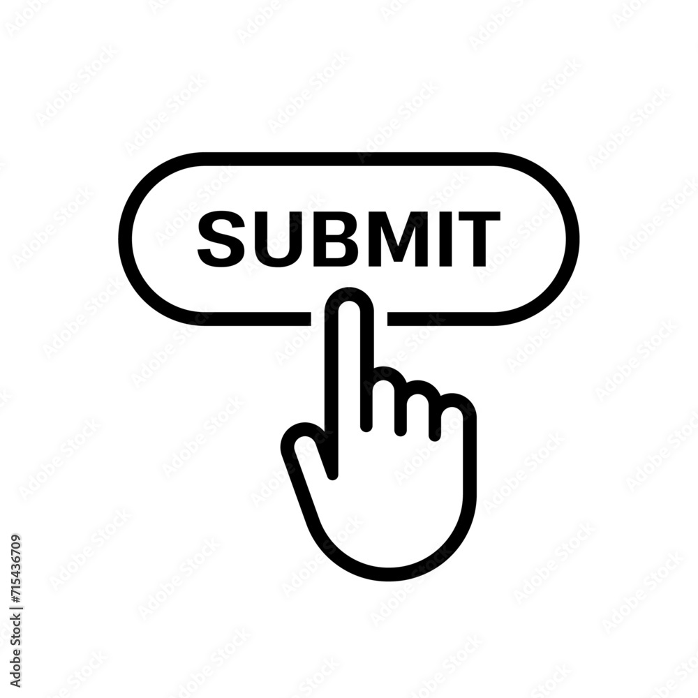 Poster hand click submit button. hand pressing submit button. vector illustration