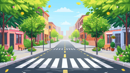 Street of town vector city with path and roads pedestrian crossings and zebra trees and plants on street decorating exteriors of houses cityscape. 