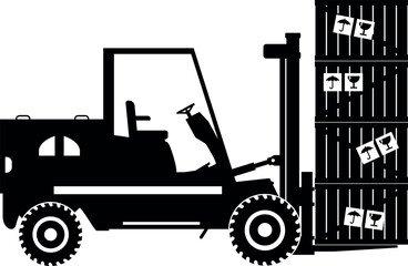 Silhouette of Wheel Forklift with Wooden Boxes Icon in Flat Style. Vector Illustration