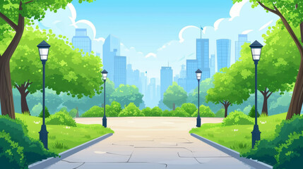 Street in public park with nature landscape and building background vector illustration.