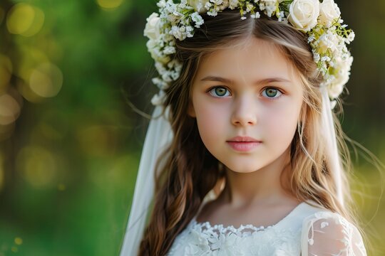 Beautiful girl in a sacred dress and a wreath with white flowers. First Holy Communion.
