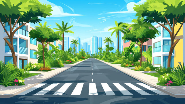 Street of town vector city with path and roads pedestrian crossings and zebra trees and plants on street decorating exteriors of houses cityscape. 