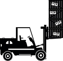 Silhouette of Wheel Forklift with Wooden Boxes Icon in Flat Style. Vector Illustration