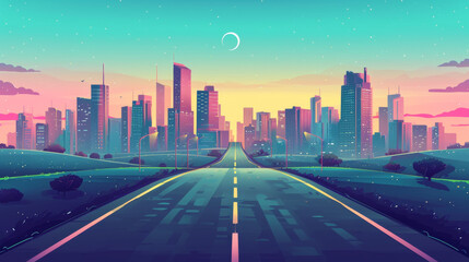 Fototapeta premium Empty highway road to city early morning landscape with skyscraper buildings under pink sky with crescent.