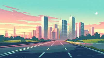 Fototapeta premium Empty highway road to city early morning landscape with skyscraper buildings under pink sky with crescent.