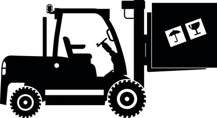 Silhouette of Wheel Forklift with Fragile Cargo Box Icon in Flat Style. Vector Illustration