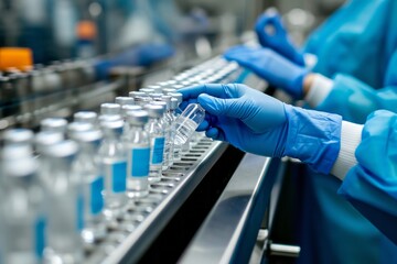 The staff checks medical vials on the production line in a pharmaceutical laboratory or factory. Hands wearing blue gloves - obrazy, fototapety, plakaty
