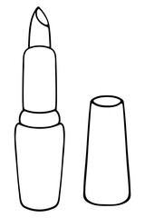 Lipstick. Sketch. Tube cap nearby. Vector illustration. Lip moisturizer. Decorative cosmetics for creating makeup. Doodle style. Outline on isolated background. Coloring book for children. 