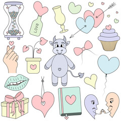 Valentine's day. Set of color vector illustrations. Cartoon style. Love collection. Bull, hourglass, love, Korean heart, arrow. A group of cute images. Isolated background. Ideas for web design.