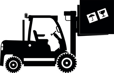 Silhouette of Wheel Forklift with Fragile Cargo Box Icon in Flat Style. Vector Illustration
